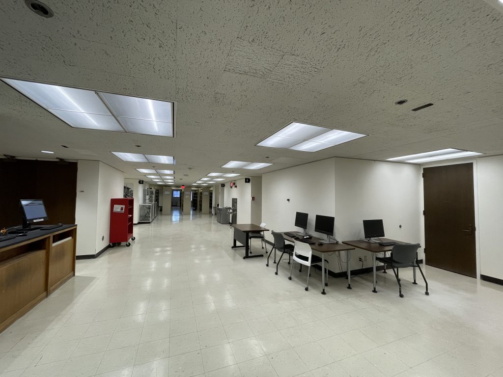 LED fixtures installed on the fourth floor of Bird Library.